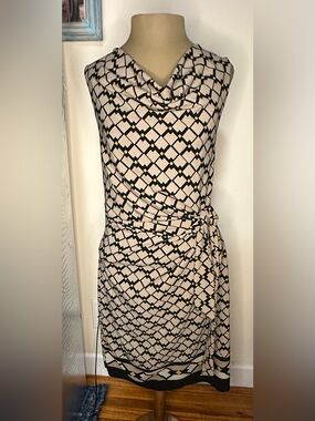 Marisa & Marie Cowl Neck Beige Geometric Midi Dress with Black and Yellow Accent